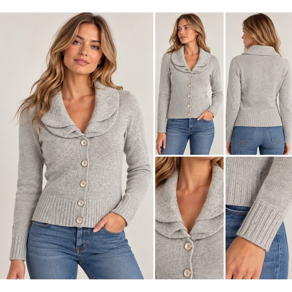 Sarah Spencer Lambswool Angora Shawl Collar Button Cardigan Sweater Gray Size M